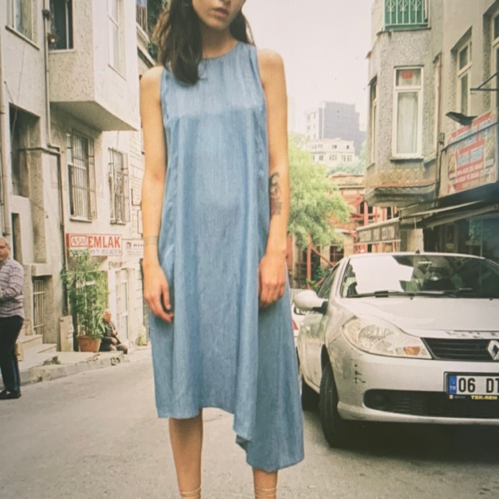Cossac chambray asymmetrical hem dress with pockets